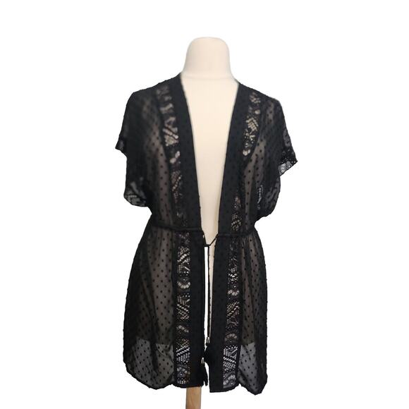 No Boundaries Beach Tie Front Kaftan Shirt Black Swiss Dot Large - Picture 1 of 6